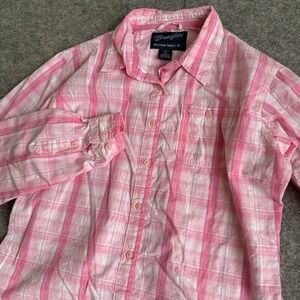 Wrangler Western Shirt Womens Medium Pink White Plaid Metallic Button Up